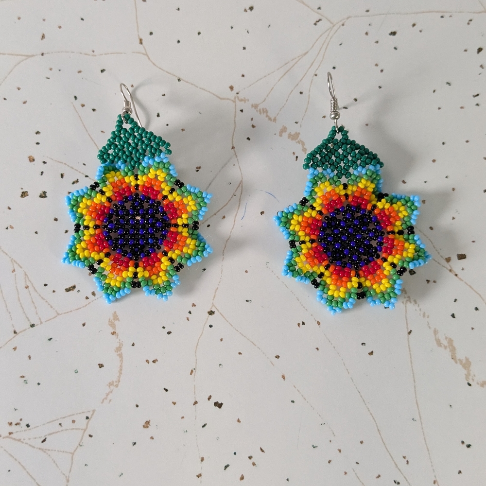 Vibrant Blue and Yellow Beaded Earrings with Flower Design